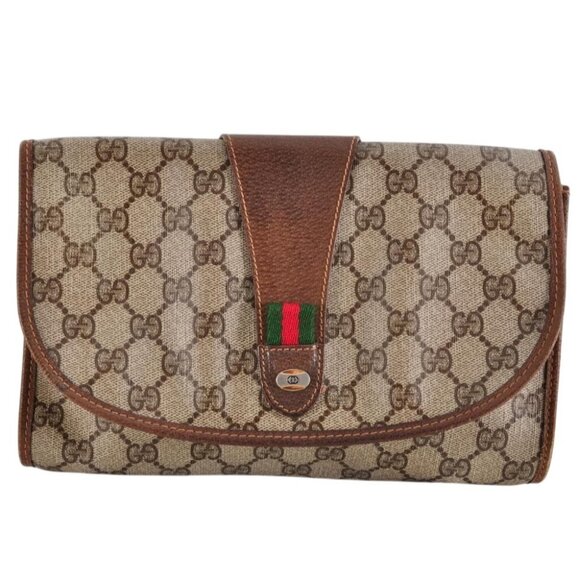 Authentic Gucci GG Supreme Ophidia Sherry Line Clutch Bag Wallet Web Canvas Tan - Picture 1 of 10